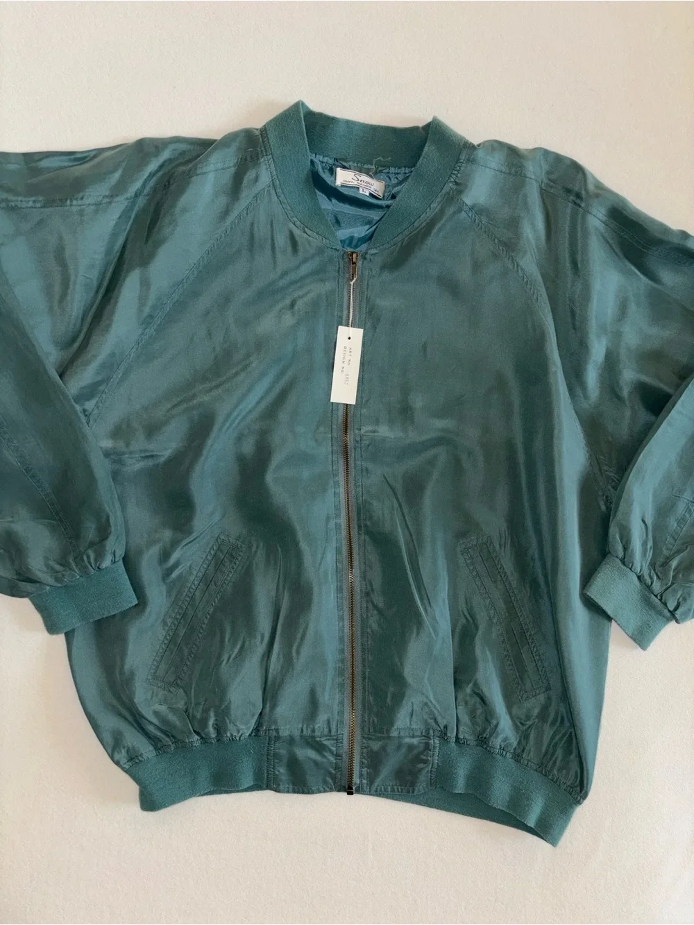 Vintage NWT 90s Snow 100% Washed Silk Bomber Jacket Mens Large Sage Green